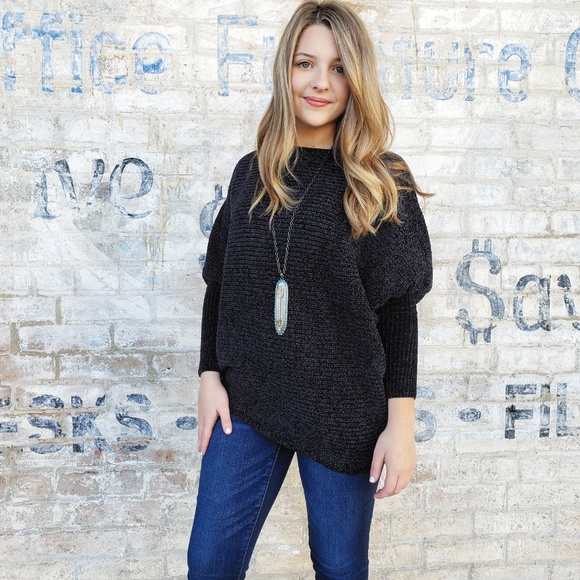 FAVLUX Sweaters - Black Soft Chenille Dolman Sleeve Sweater
